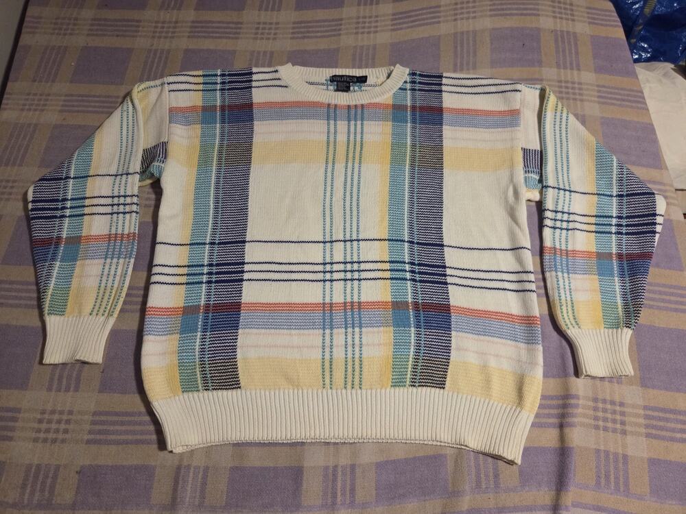 Vintage 90s Nautica Check Plaid Pattern Cotton Knit Sweater Size Large Rare